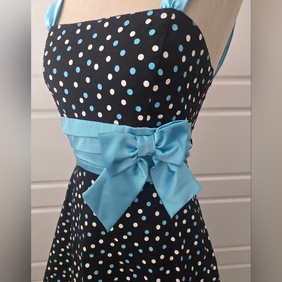 Black Polka Dot & Blue Satin Mini Sleeveless Formal Dress - Picture 2 of 6